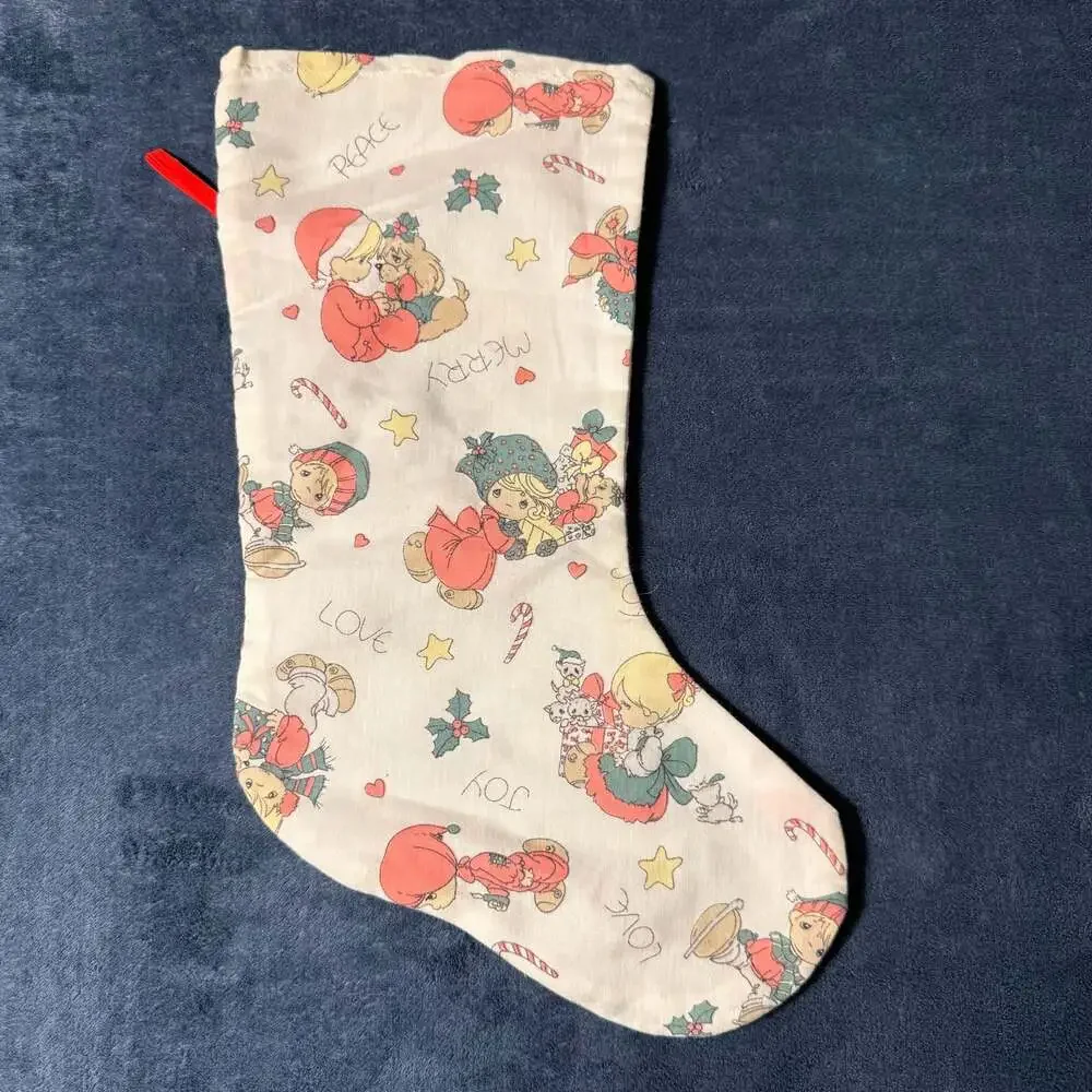 Vintage Precious Moments Quilted Christmas Stocking with Girl and Holiday Print
